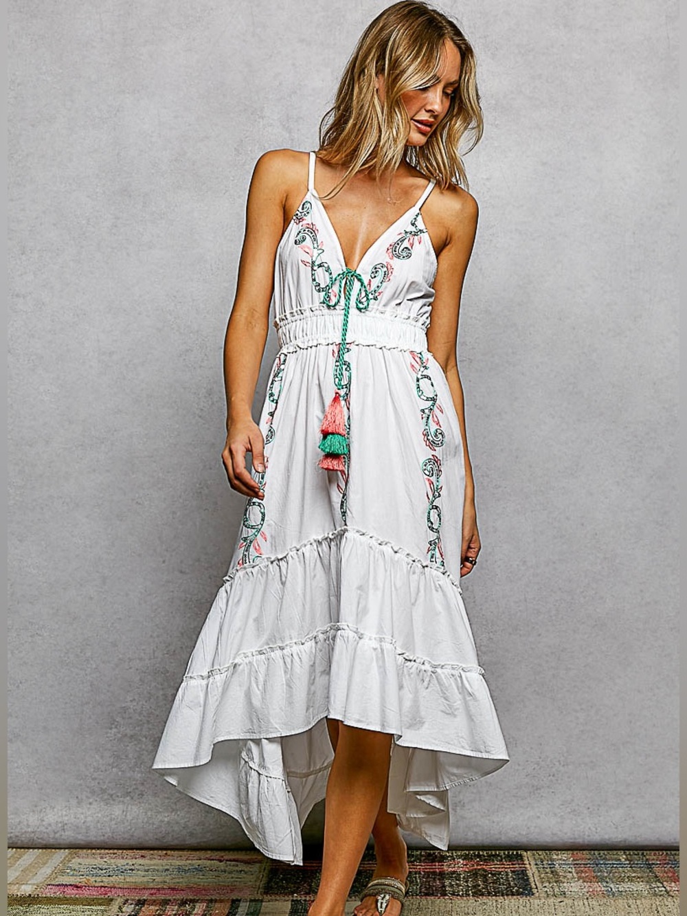♥️Hello Gorgeous! POL Embroidered Tassel Smocked Waist Midi Tiered Cami Dress - Picture 4 of 12